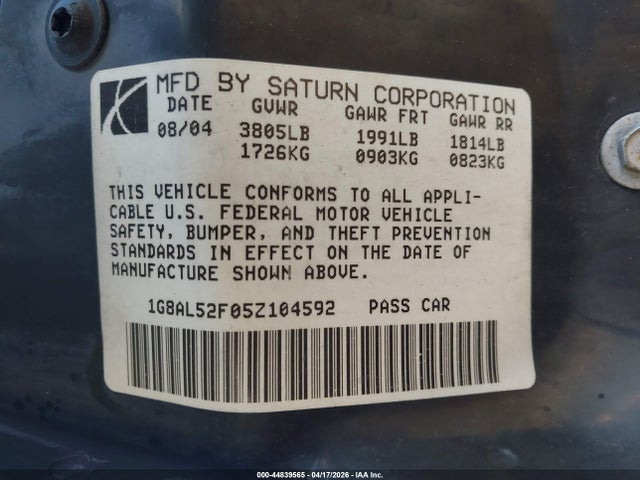 Aukcja sprzedaży 2005 Saturn Ion 3, vin: 1G8AL52F05Z104592, numer aukcji: 44839565