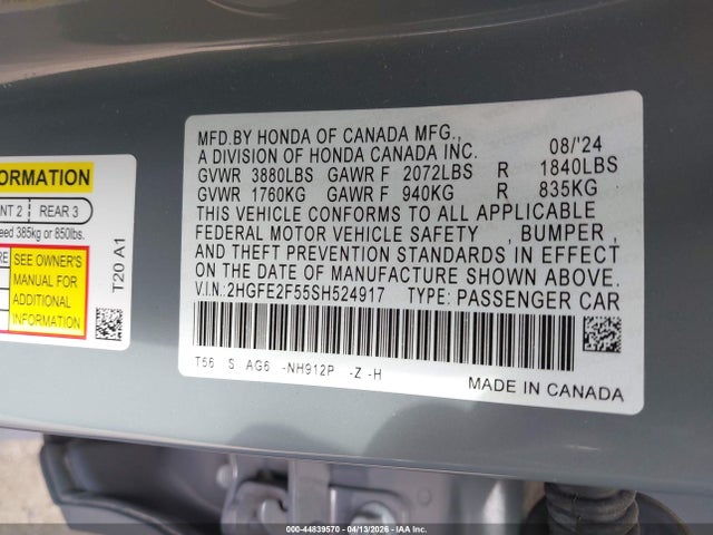Продажа на аукционе авто 2025 Honda Civic Sport, vin: 2HGFE2F55SH524917, номер лота: 44839570