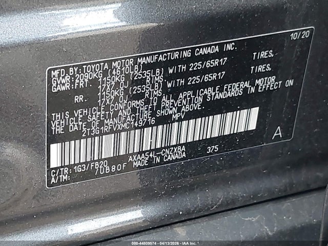Продаж на аукціоні авто 2021 Toyota Rav4 Le, vin: 2T3G1RFVXMC149716, номер лоту: 44839574