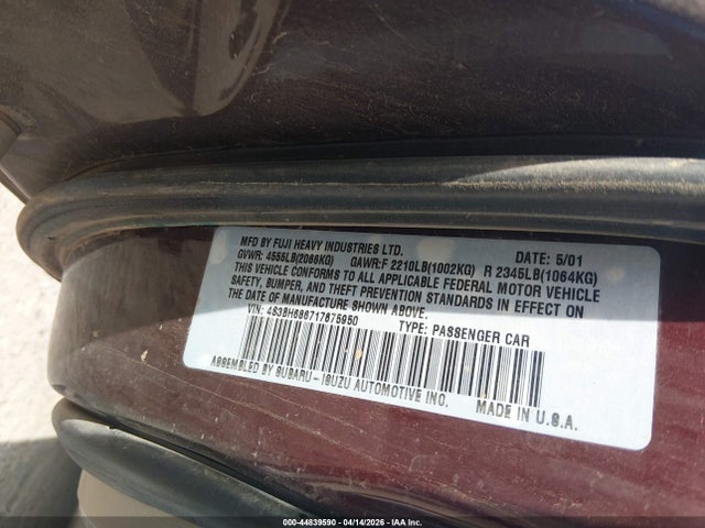 2001 Subaru Outback Limited მანქანა იყიდება აუქციონზე, vin: 4S3BH686717675950, აუქციონის ნომერი: 44839590