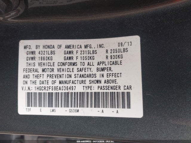 44839603 :رقم المزاد ، 1HGCR2F59EA036497 vin ، 2014 Honda Accord Sport مزاد بيع