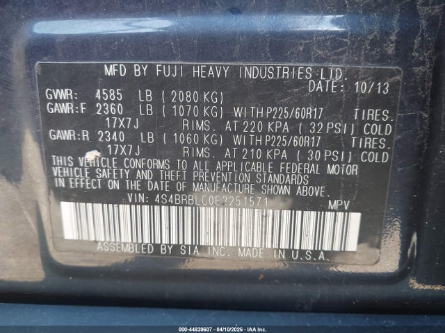 Aukcja sprzedaży 2014 Subaru Outback 2.5i Limited, vin: 4S4BRBLC0E3251571, numer aukcji: 44839607