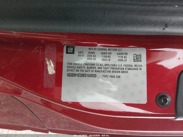 44839608 :رقم المزاد ، 1G6DH1E39E0184593 vin ، 2014 Cadillac Cts Premium مزاد بيع