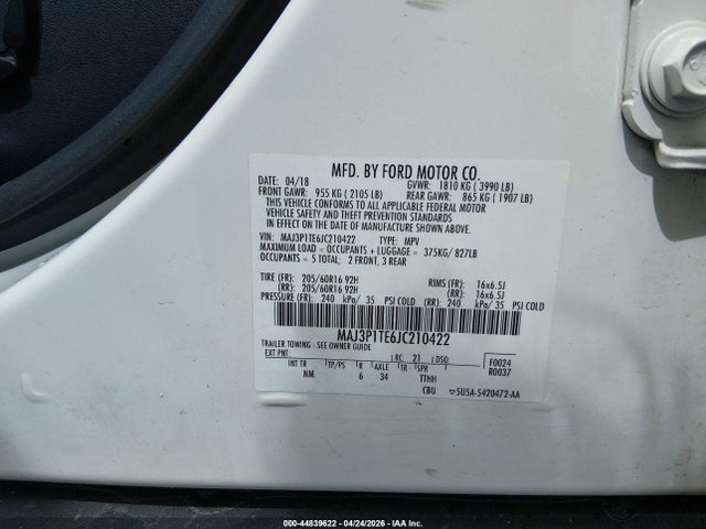 Продажа на аукционе авто 2018 Ford Ecosport Se, vin: MAJ3P1TE6JC210422, номер лота: 44839622
