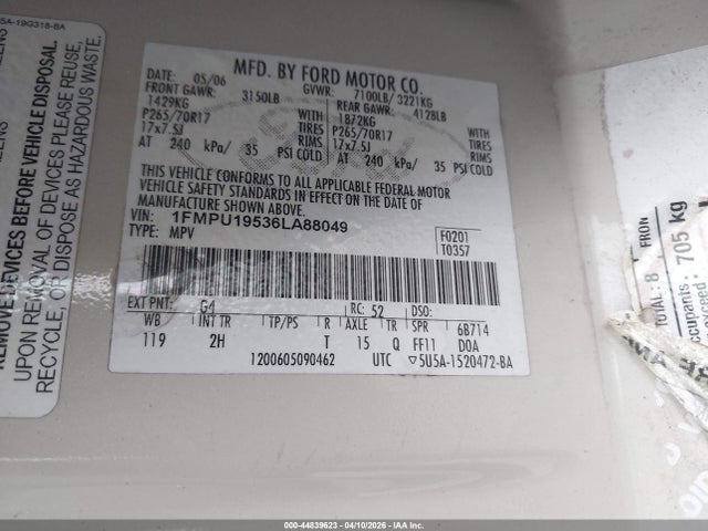 44839623 :رقم المزاد ، 1FMPU19536LA88049 vin ، 2006 Ford Expedition Limited مزاد بيع