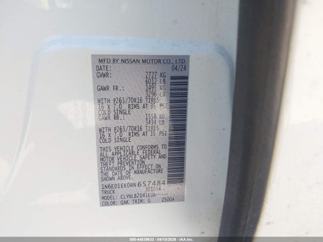 2024 Nissan Frontier Sv 4x4 მანქანა იყიდება აუქციონზე, vin: 1N6ED1EK0RN657484, აუქციონის ნომერი: 44839633