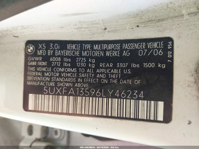 Продажа на аукционе авто 2006 Bmw X5 3.0i, vin: 5UXFA13596LY46234, номер лота: 44839634