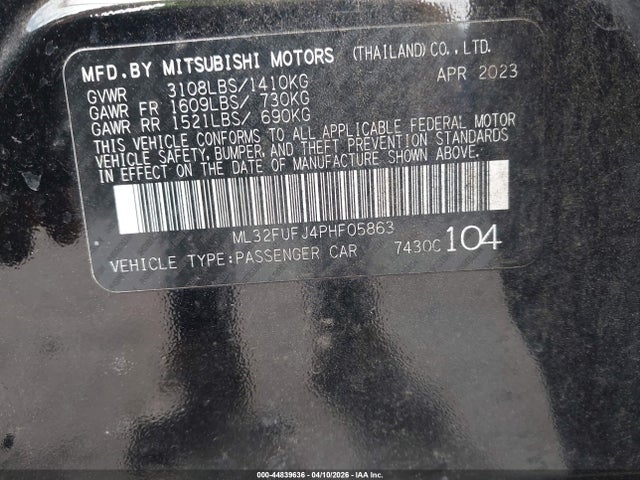 Продаж на аукціоні авто 2023 Mitsubishi Mirage G4 Black Edition/es/le, vin: ML32FUFJ4PHF05863, номер лоту: 44839636