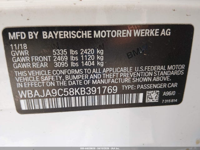 44839639 :رقم المزاد ، WBAJA9C58KB391769 vin ، 2019 Bmw 530e Iperformance مزاد بيع