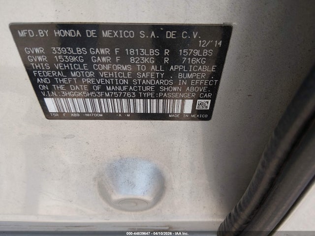 Продажа на аукционе авто 2015 Honda Fit Lx, vin: 3HGGK5H53FM757763, номер лота: 44839647
