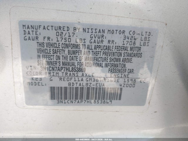 Aukcja sprzedaży 2017 Nissan Versa 1.6 Sv, vin: 3N1CN7AP7HL853869, numer aukcji: 44839658