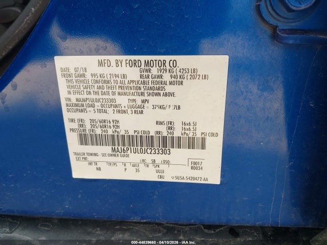 Aukcja sprzedaży 2018 Ford Ecosport Se, vin: MAJ6P1UL0JC233303, numer aukcji: 44839660