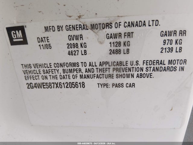Продаж на аукціоні авто 2006 Buick Lacrosse Cxs, vin: 2G4WE587X61205618, номер лоту: 44839670