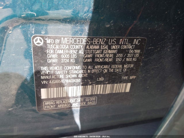 44839678 :رقم المزاد ، 4JGAB54E7WA034355 vin ، 1998 Mercedes-benz Ml 320 Classic مزاد بيع