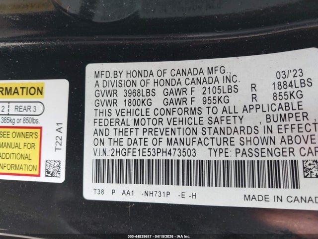 Aukcja sprzedaży 2023 Honda Civic Si Sedan, vin: 2HGFE1E53PH473503, numer aukcji: 44839687