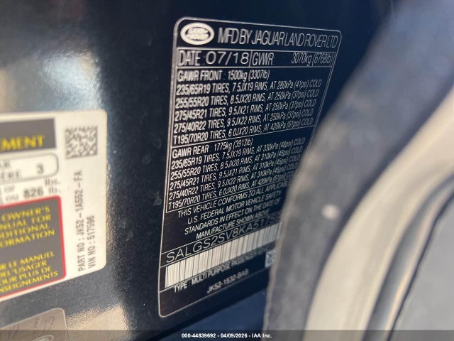 44839692 :رقم المزاد ، SALGS2SV8KA517596 vin ، 2019 Land Rover Range Rover 3.0l V6 Supercharged Hse مزاد بيع