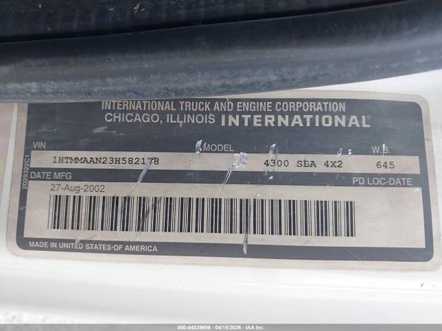 44839696 :رقم المزاد ، 1HTMMAAN23H582178 vin ، 2003 International 4000 4300 مزاد بيع