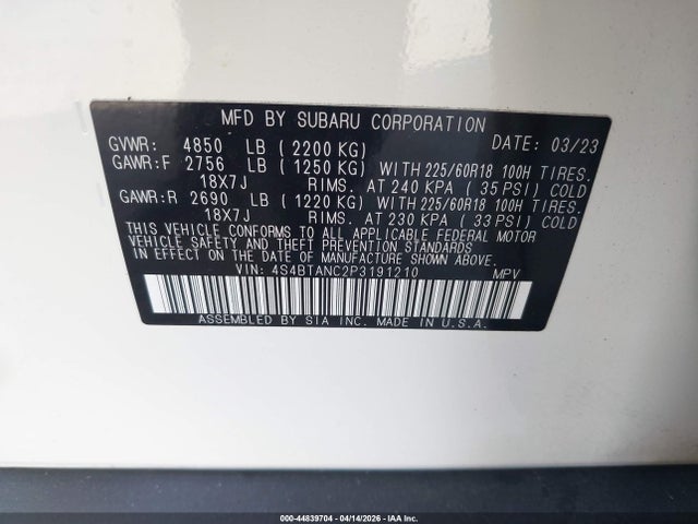 44839704 :رقم المزاد ، 4S4BTANC2P3191210 vin ، 2023 Subaru Outback Limited مزاد بيع
