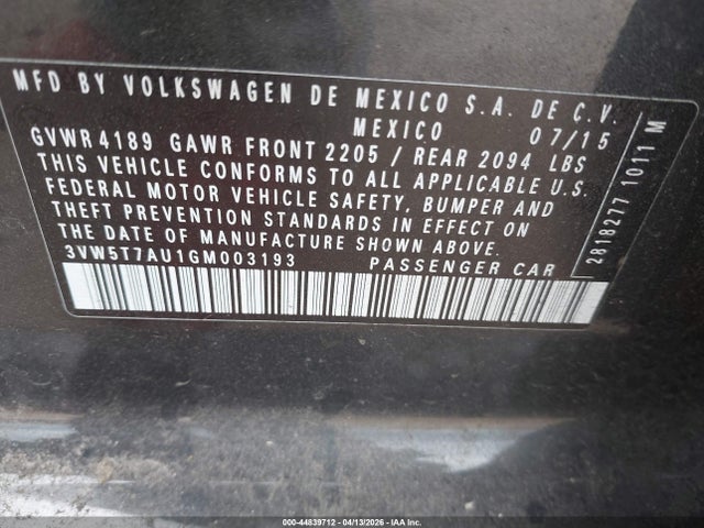 44839712 :رقم المزاد ، 3VW5T7AU1GM003193 vin ، 2016 Volkswagen Golf Gti S 4-door مزاد بيع