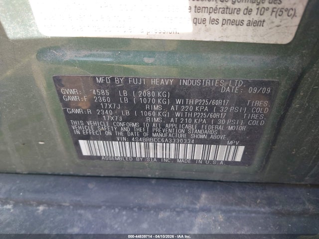 2010 Subaru Outback 2.5i Premium მანქანა იყიდება აუქციონზე, vin: 4S4BRBCC6A3330334, აუქციონის ნომერი: 44839714