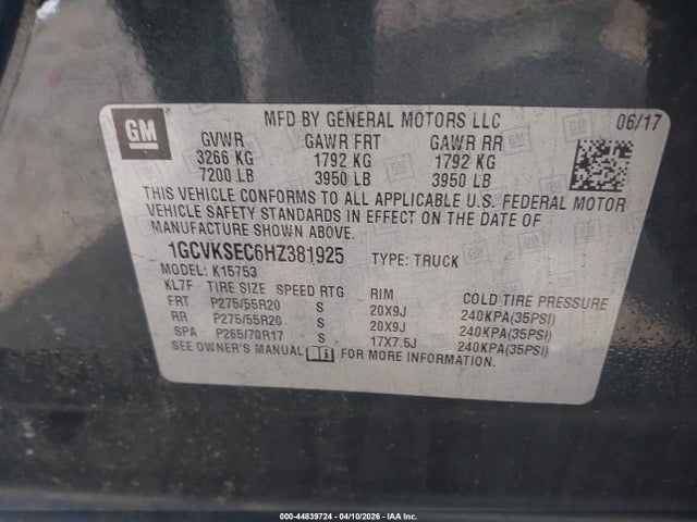 Продажа на аукционе авто 2017 Chevrolet Silverado 1500 1lz, vin: 1GCVKSEC6HZ381925, номер лота: 44839724
