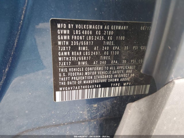 44839747 :رقم المزاد ، WVGAV7AX7HK049749 vin ، 2017 Volkswagen Tiguan 2.0t/2.0t S مزاد بيع