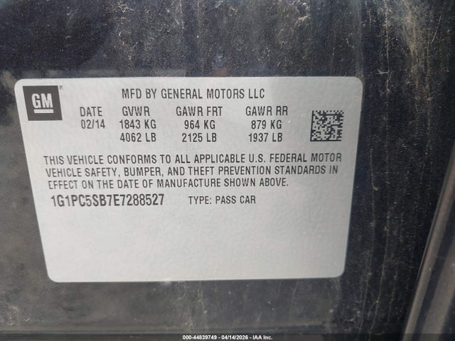 Aukcja sprzedaży 2014 Chevrolet Cruze 1lt Auto, vin: 1G1PC5SB7E7288527, numer aukcji: 44839749