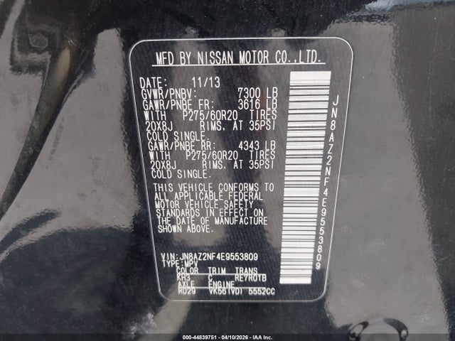 44839751 :رقم المزاد ، JN8AZ2NF4E9553809 vin ، 2014 Infiniti Qx80 مزاد بيع