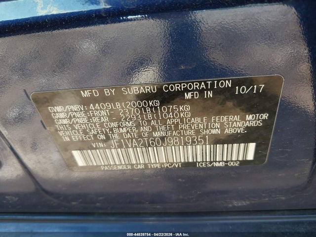 Продажа на аукционе авто 2018 Subaru Wrx Sti Limited, vin: JF1VA2T60J9819351, номер лота: 44839754