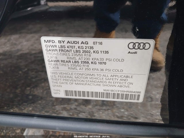 Aukcja sprzedaży 2017 Audi Q3 2.0t Premium, vin: WA1BCCFS5HR004086, numer aukcji: 44839755