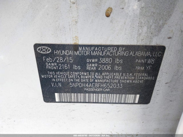 2015 Hyundai Elantra Se მანქანა იყიდება აუქციონზე, vin: 5NPDH4AE8FH652033, აუქციონის ნომერი: 44839765