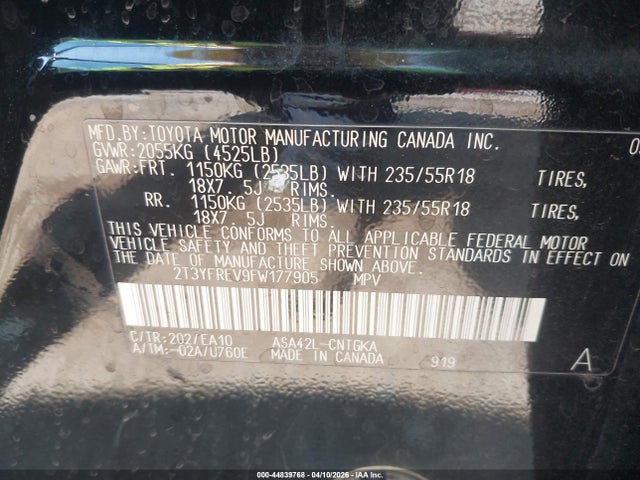 2015 Toyota Rav4 Limited მანქანა იყიდება აუქციონზე, vin: 2T3YFREV9FW177905, აუქციონის ნომერი: 44839768