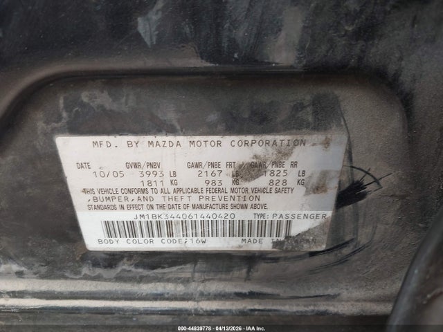 2006 Mazda Mazda3 S Grand Touring მანქანა იყიდება აუქციონზე, vin: JM1BK344061440420, აუქციონის ნომერი: 44839778