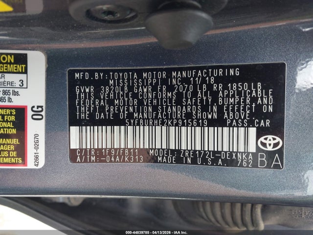 Aukcja sprzedaży 2019 Toyota Corolla Le, vin: 5YFBURHE2KP915619, numer aukcji: 44839785