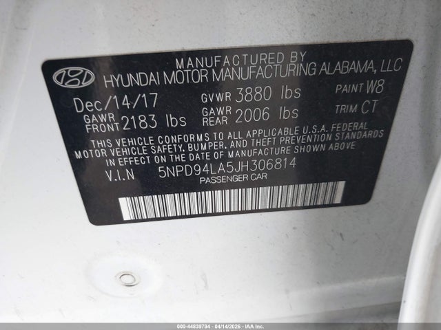44839794 :رقم المزاد ، 5NPD94LA5JH306814 vin ، 2018 Hyundai Elantra Eco مزاد بيع