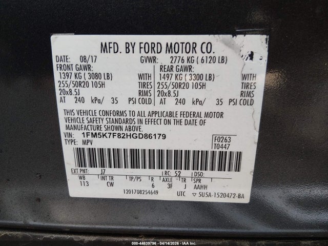 Продаж на аукціоні авто 2017 Ford Explorer Limited, vin: 1FM5K7F82HGD86179, номер лоту: 44839796