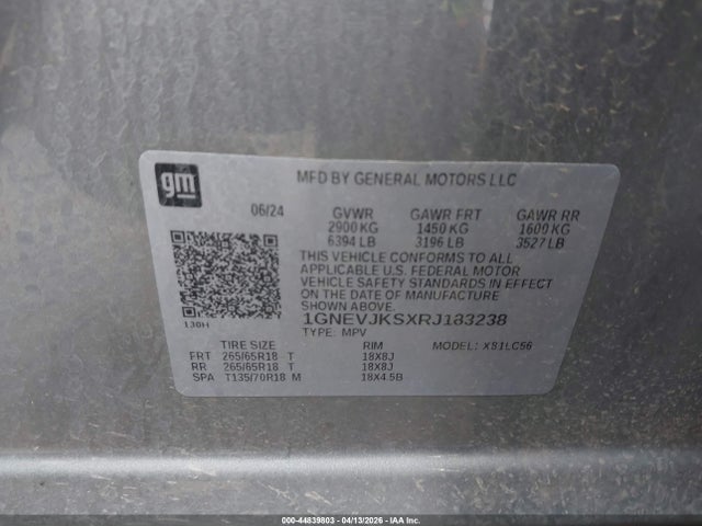 44839803 :رقم المزاد ، 1GNEVJKSXRJ183238 vin ، 2024 Chevrolet Traverse Awd Z71 مزاد بيع