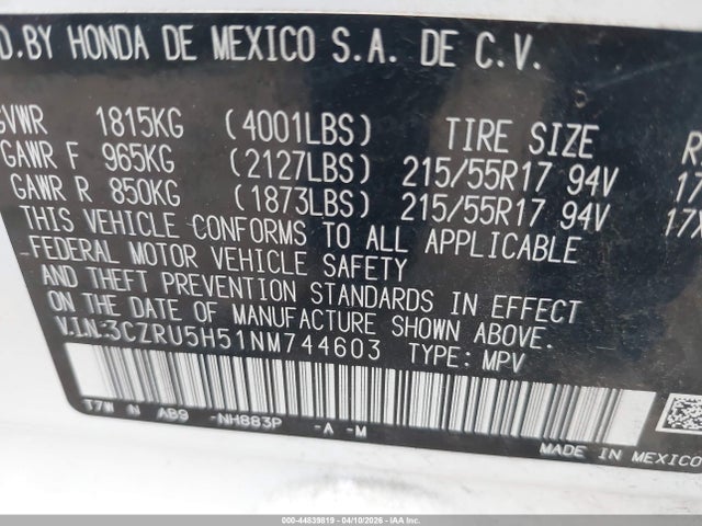 3CZRU5H51NM744603 Honda Hr-v 2wd Ex