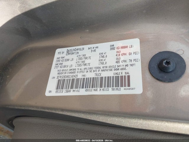Продажа на аукционе авто 2006 Dodge Ram 2500 Slt/trx4 Off Road/sport/power Wagon, vin: 3D7KS28D06G102429, номер лота: 44839833