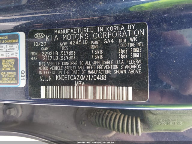 44839857 :رقم المزاد ، KNDETCA2XM7170488 vin ، 2021 Kia Seltos Sx Turbo مزاد بيع