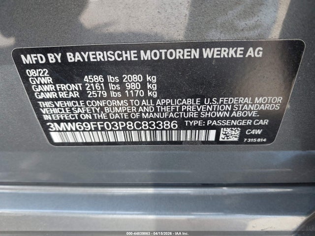 Aukcja sprzedaży 2023 Bmw 330i, vin: 3MW69FF03P8C83386, numer aukcji: 44839863