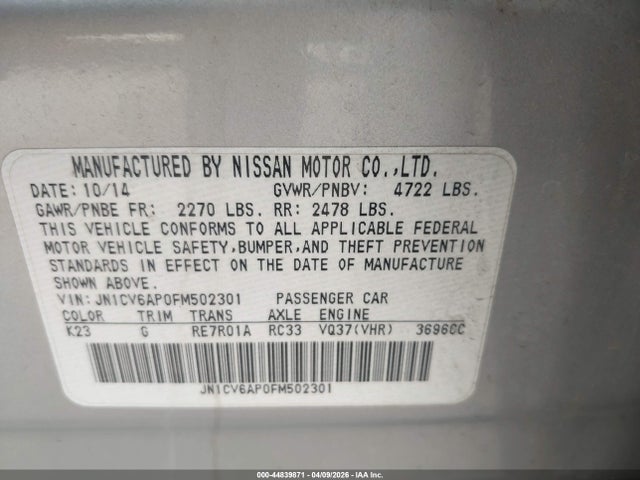 2015 Infiniti Q40 მანქანა იყიდება აუქციონზე, vin: JN1CV6AP0FM502301, აუქციონის ნომერი: 44839871