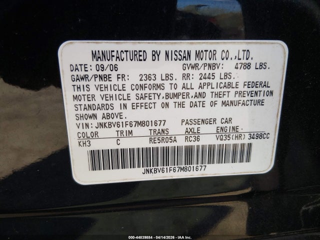 2007 Infiniti G35x მანქანა იყიდება აუქციონზე, vin: JNKBV61F67M801677, აუქციონის ნომერი: 44839884