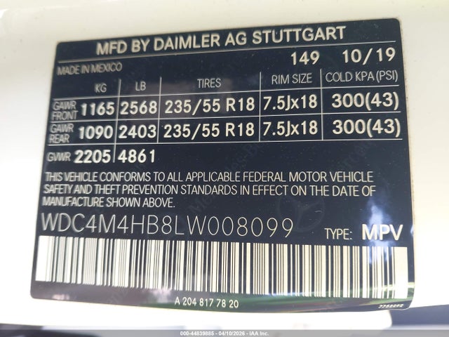 44839885 :رقم المزاد ، WDC4M4HB8LW008099 vin ، 2020 Mercedes-benz Glb 250 4matic مزاد بيع