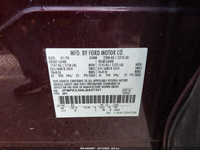 44839887 :رقم المزاد ، 2FMPK3J99LBA57321 vin ، 2020 Ford Edge Sel مزاد بيع