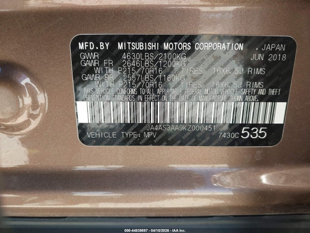 Продаж на аукціоні авто 2019 Mitsubishi Eclipse Cross Es, vin: JA4AS3AA9KZ000451, номер лоту: 44839897