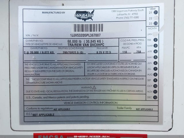 Продажа на аукционе авто 2023 Wabash National Corp Unknown, vin: 1JJV532D5PL367887, номер лота: 44839910