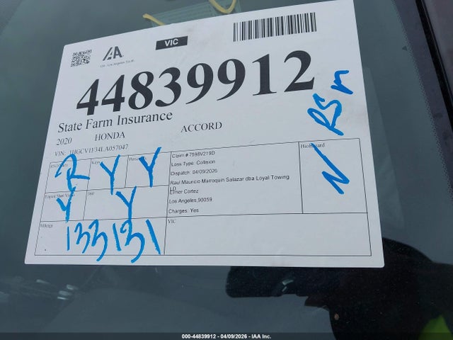 Продажа на аукционе авто 2020 Honda Accord Sport, vin: 1HGCV1F34LA057047, номер лота: 44839912