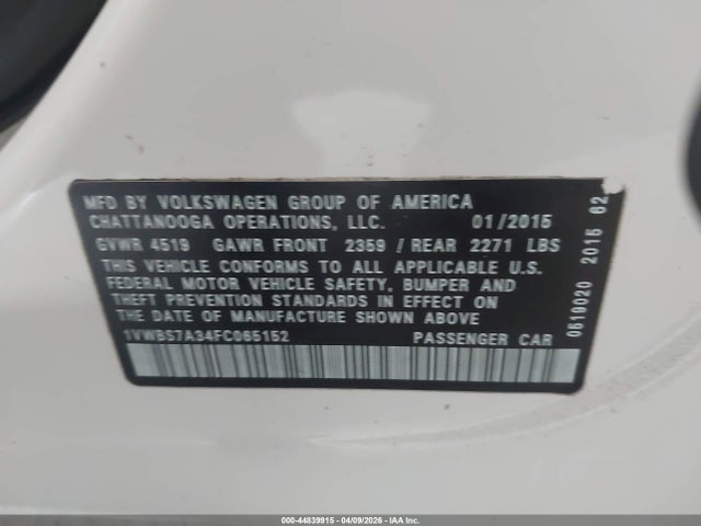 Продаж на аукціоні авто 2015 Volkswagen Passat 1.8t Se, vin: 1VWBS7A34FC065152, номер лоту: 44839915