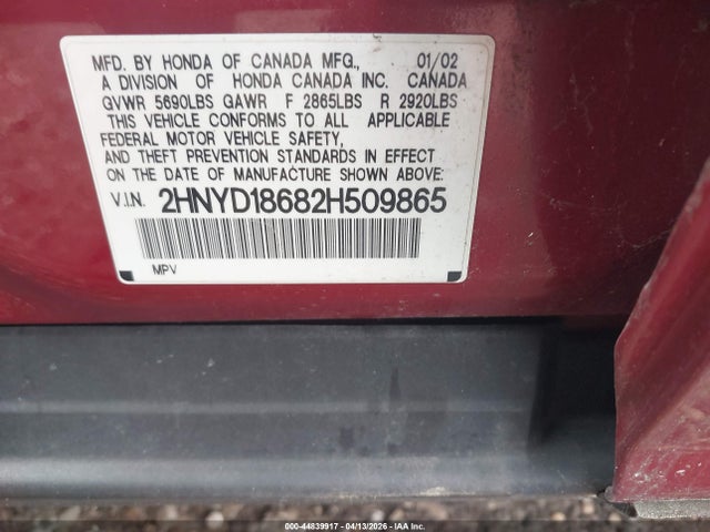 44839917 :رقم المزاد ، 2HNYD18682H509865 vin ، 2002 Acura Mdx مزاد بيع